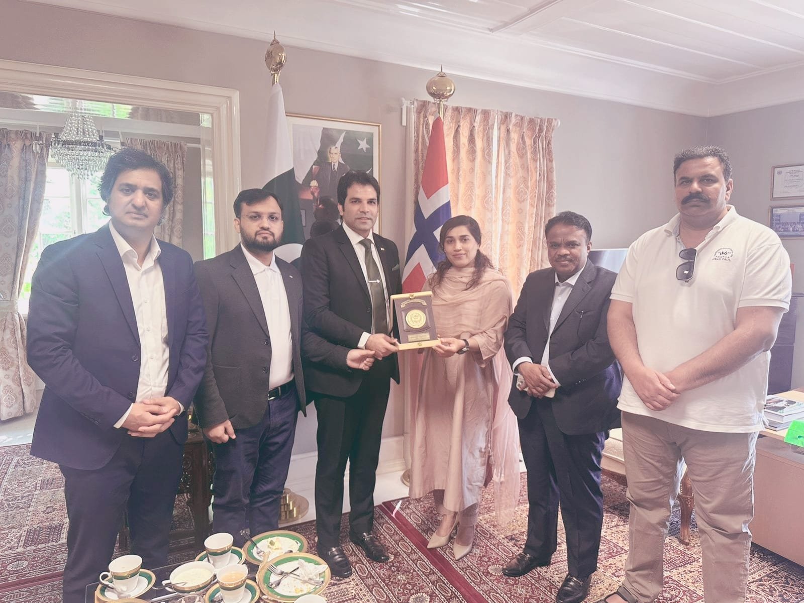 Mr. Sikander Ishfaq Razi #President of Gujrat Chamber of Commerce & Industry accompanied by #Senior_Vice_President Chaudhry M Asad Bhatti and #Vice_President Mr. Muhammad Masoom Qamar, met with H.E  Dr. Rabail Mustafa Soomro, Deputy Head of Mission and Acting #Ambassador of #Pakistan Embassy in #Norway, and Mr. Asif Hameed, Commercial Councillor.